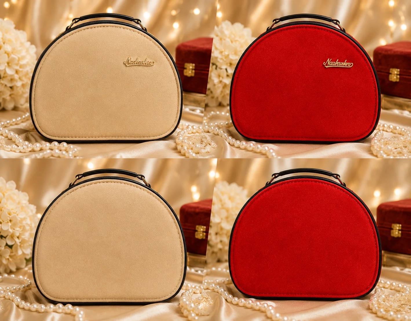 2 Color Luxury Velvet Makeup & Travel Cosmetic Bag Set – Red & Champagne Gold