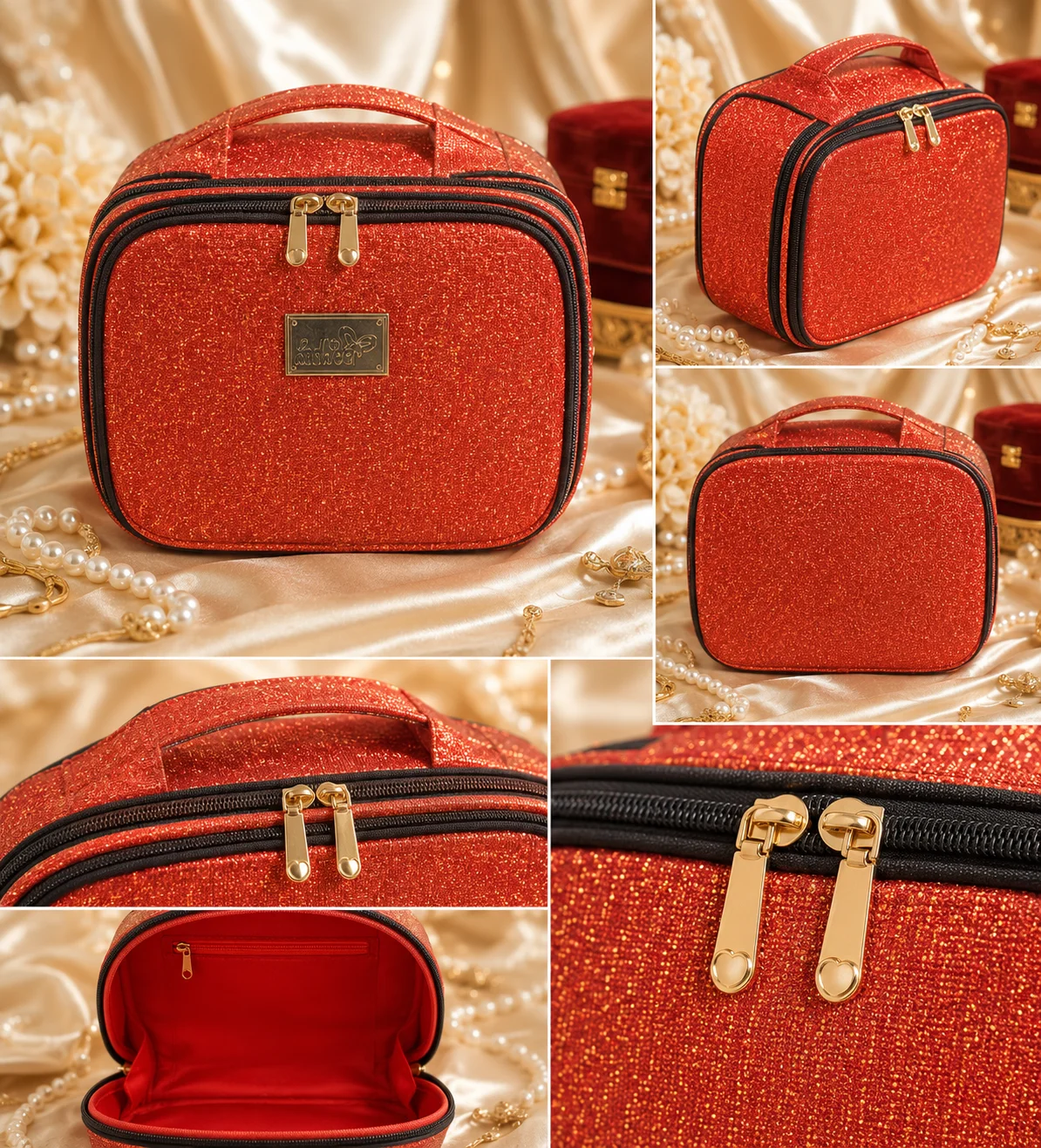Luxury Double Zipper Glitter Makeup & Travel Cosmetic Bag – Sparkling Red