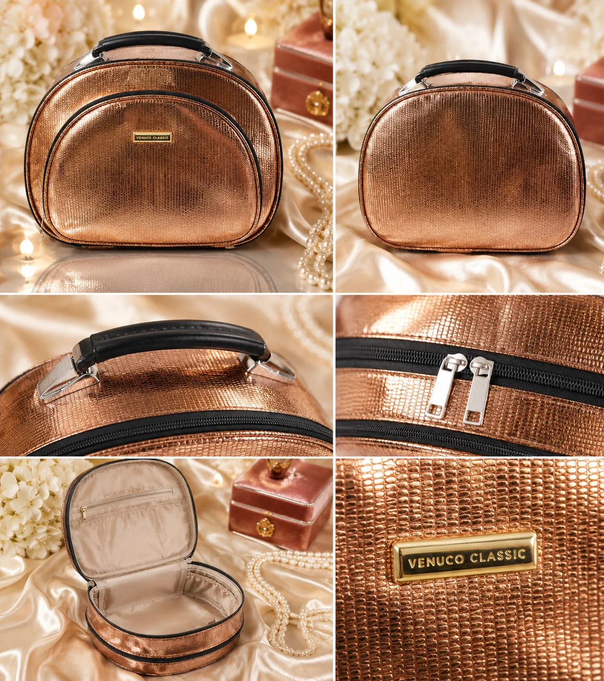 Luxury Double Zipper Cosmetic & Makeup Travel Bag – Red & Bronze Colors