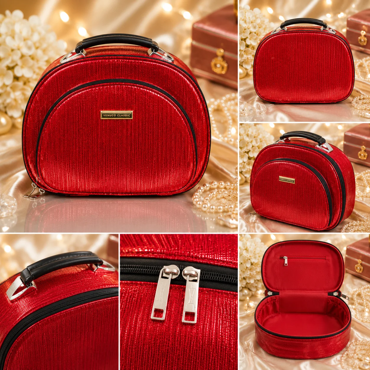 Luxury Double Zipper Cosmetic & Makeup Travel Bag – Red & Bronze Colors