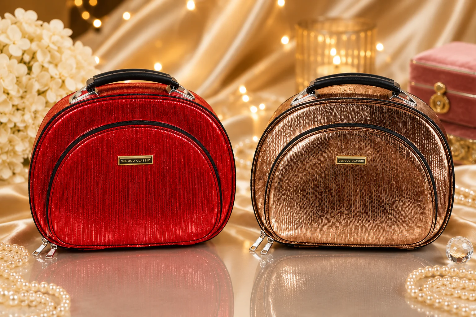Luxury Double Zipper Cosmetic & Makeup Travel Bag – Red & Bronze Colors