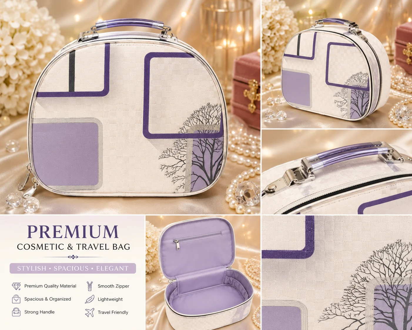 Premium Printed Cosmetic & Travel Organizer Bag – Blue & White Designer Makeup Case