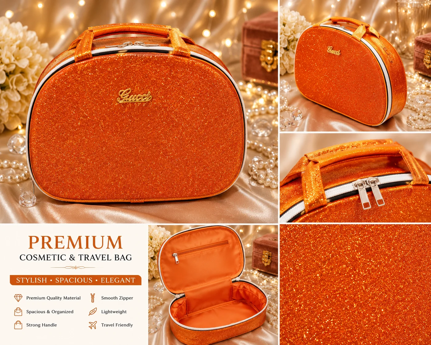 Luxury Glitter Cosmetic & Travel Bag – Premium Orange Sparkle Makeup Organizer
