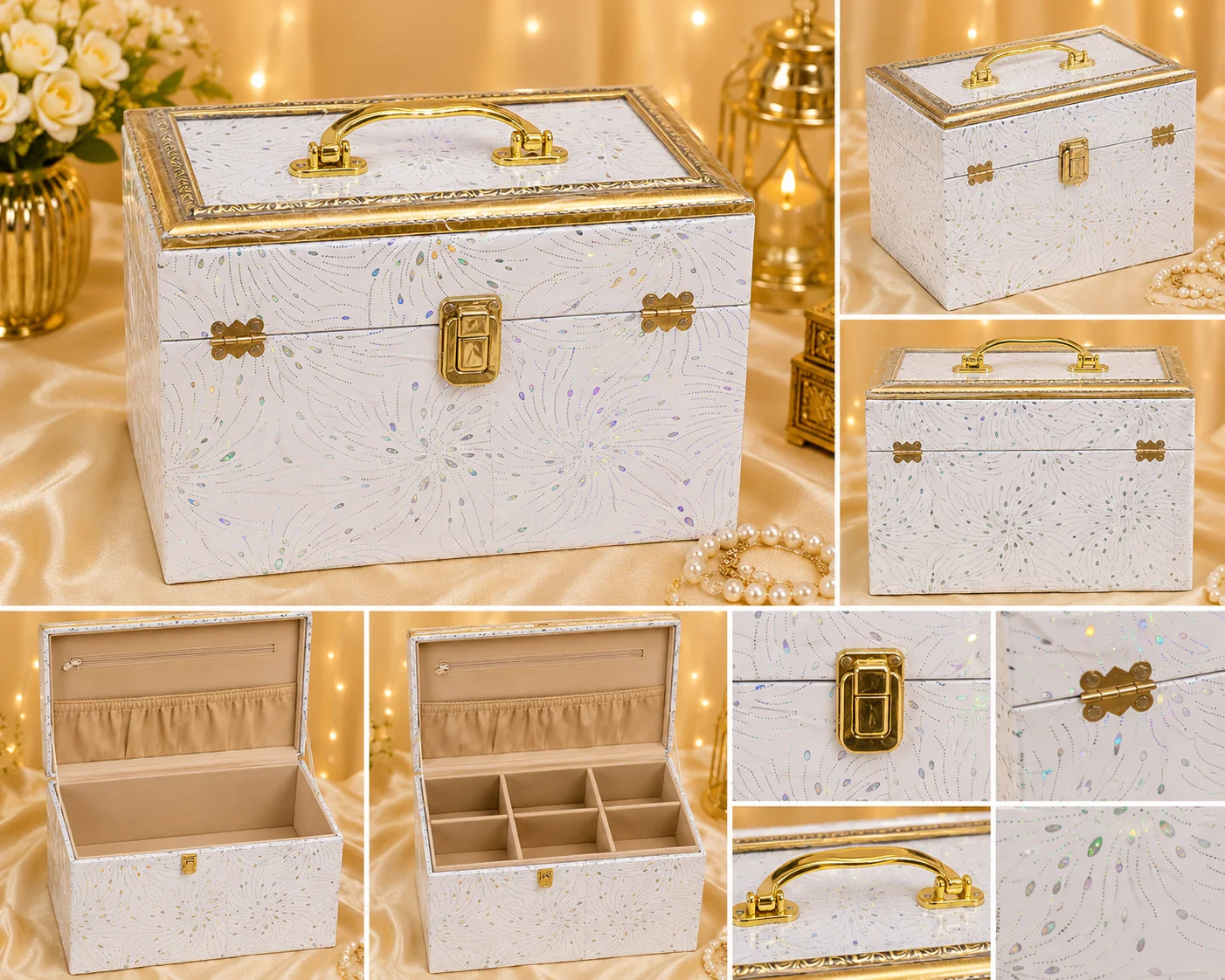 Luxury White & Gold Jewelry Organizer Box with Lock