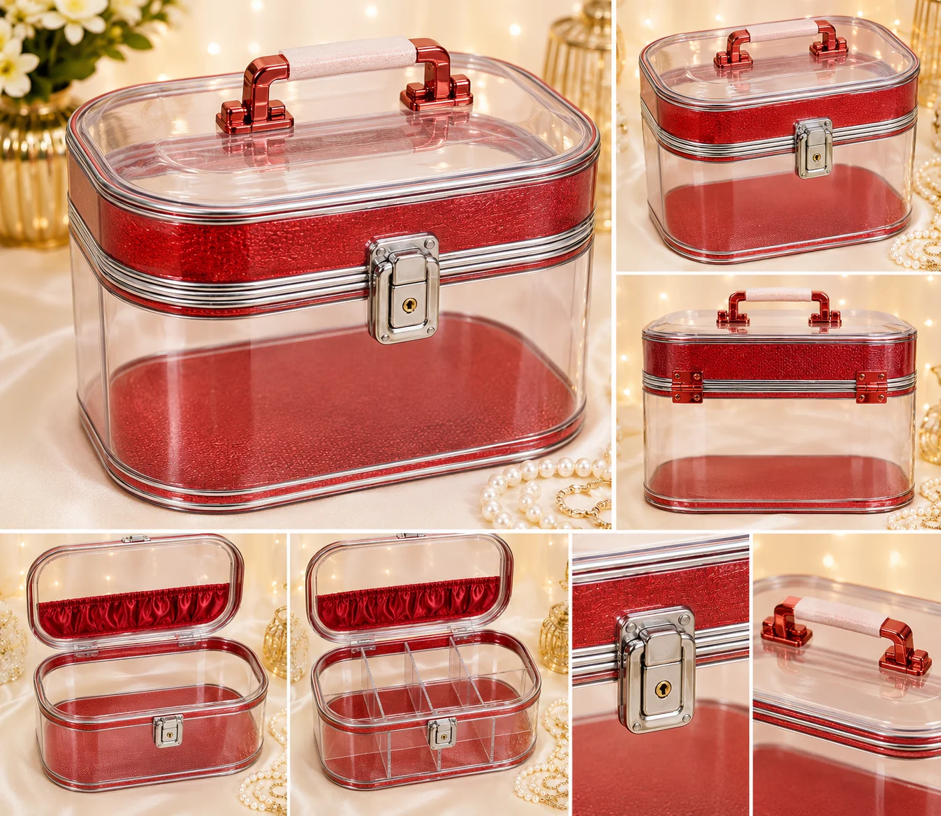 Luxury Transparent Cosmetic & Jewelry Storage Box (Red & Gold Set)