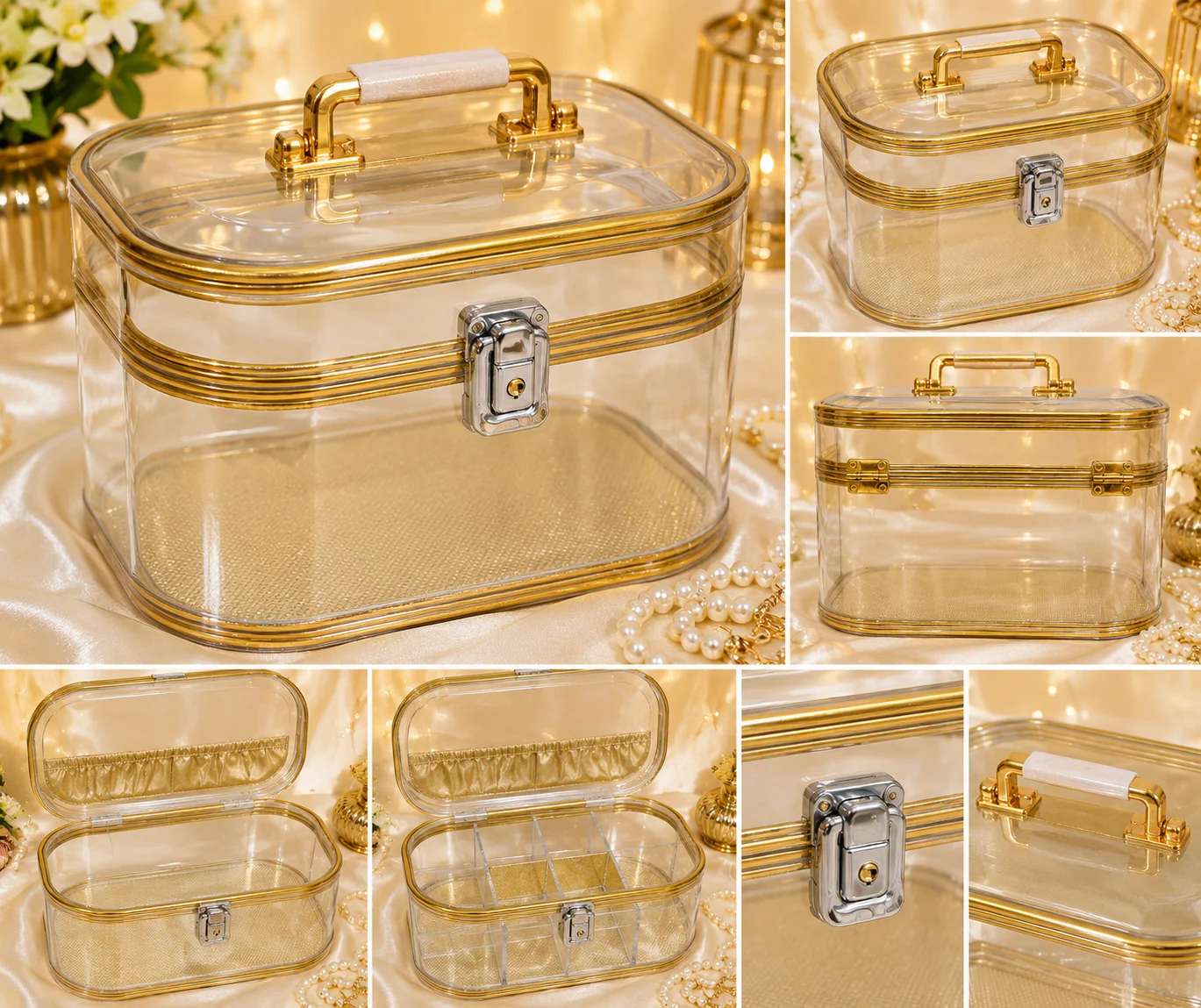 Luxury Transparent Cosmetic & Jewelry Storage Box (Red & Gold Set)
