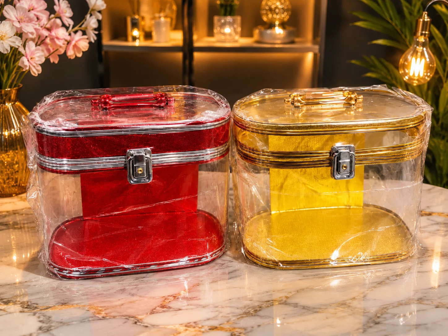 Luxury Transparent Cosmetic & Jewelry Storage Box (Red & Gold Set)