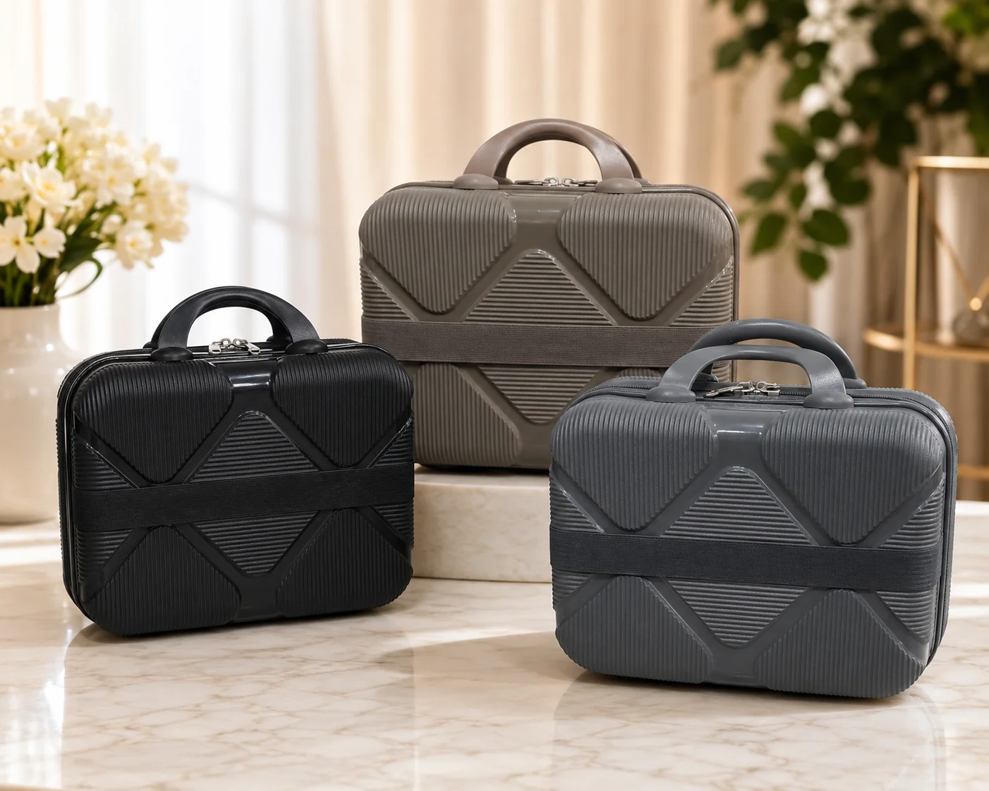3-Piece Premium Hard Shell Makeup & Vanity Case Set – Durable Travel Cosmetic Organizer