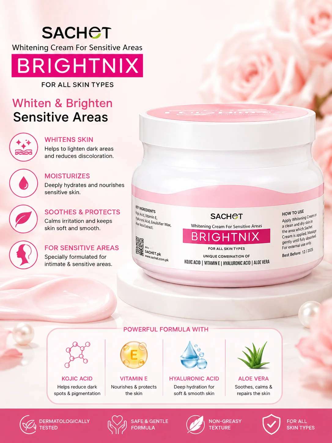 SACHET Brightnix Whitening Cream for Sensitive Areas – Kojic Acid, Vitamin E & Hyaluronic Acid
