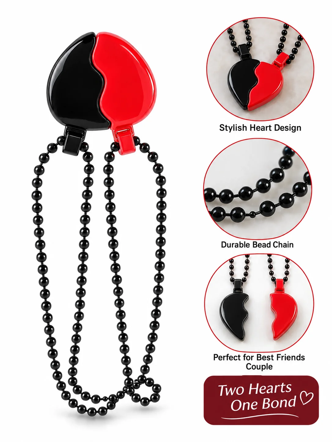 Couple Heart Pendant Necklace Set – Red & Black Matching Necklace