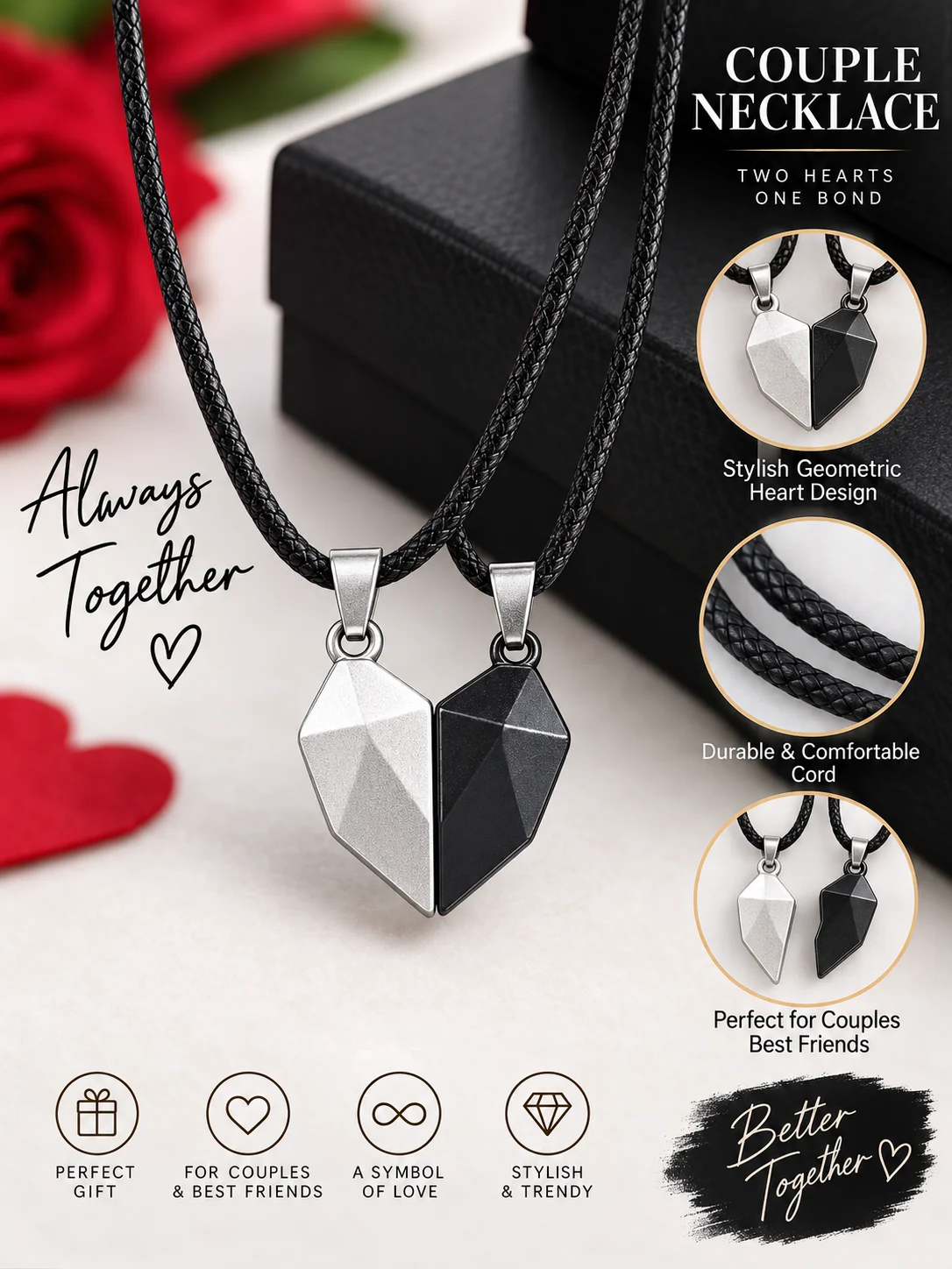 Matching Couple Heart Necklace Set – Black & Silver Geometric Pendant