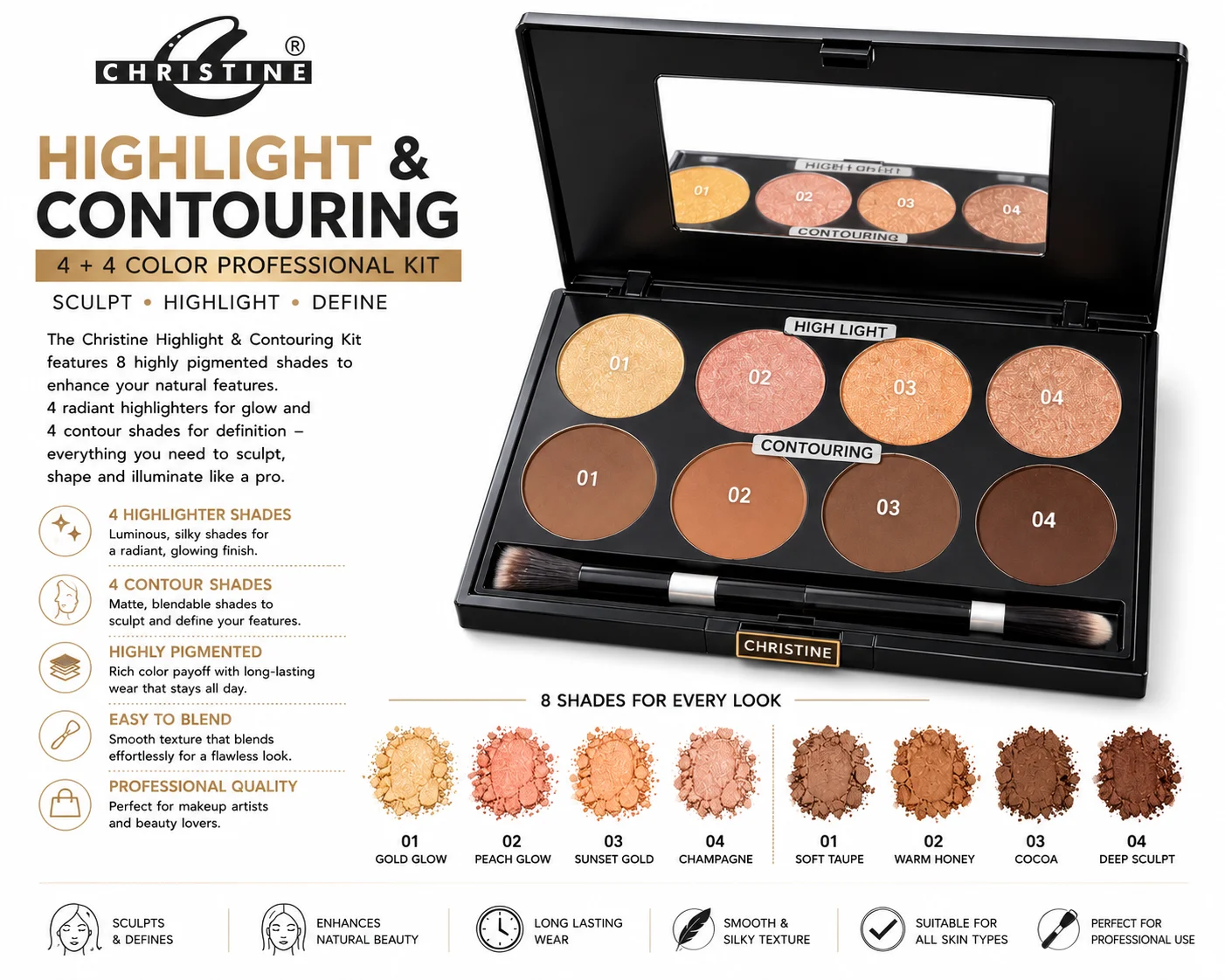 Christine Highlight & Contouring Professional Kit – 4+4 Color Palette