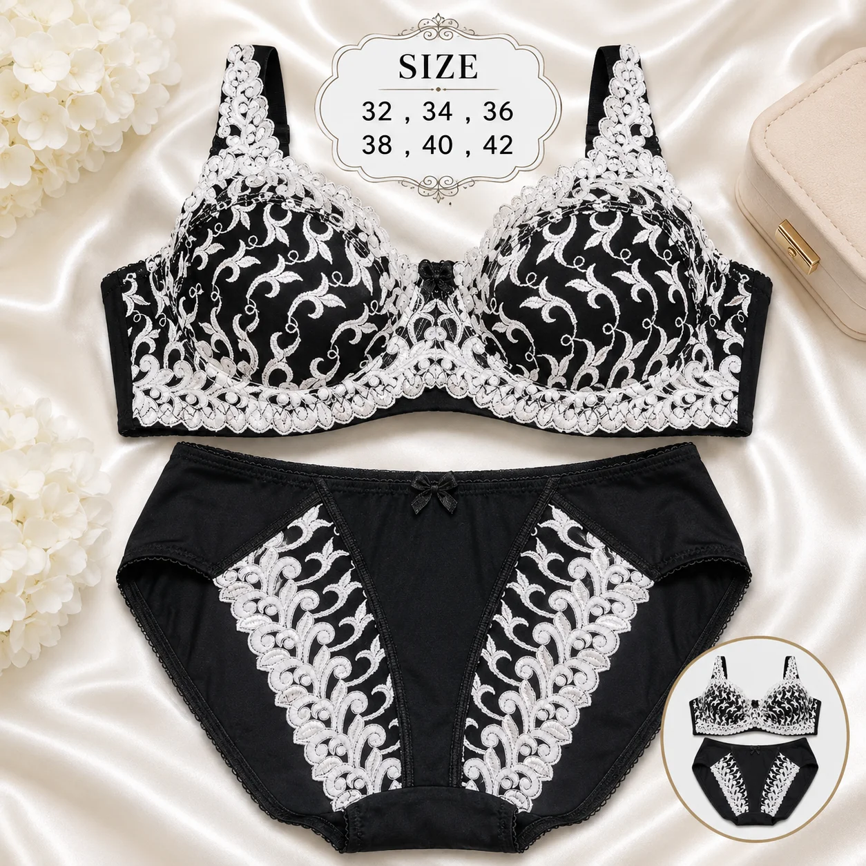 Premium Black & White Embroidered Bra & Panty Set | Available Sizes 32, 34, 36, 38, 40 & 42