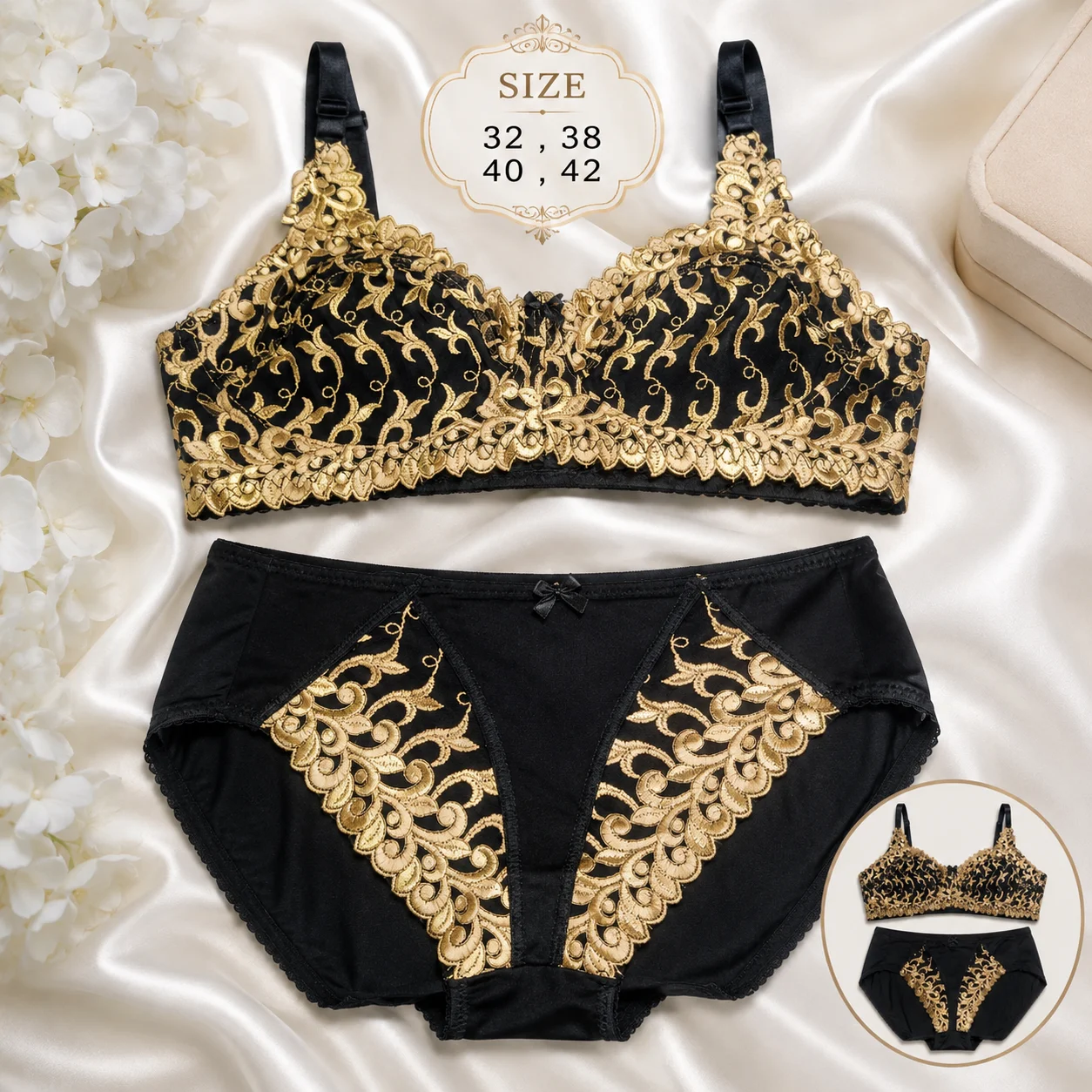 Premium Black & White Embroidered Bra & Panty Set | Available Sizes 32, 34, 36, 38, 40 & 42