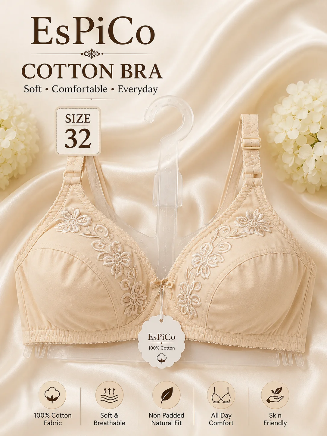 EsPiCo Premium Cotton Bra – Soft, Comfortable & Non-Padded | Size 32