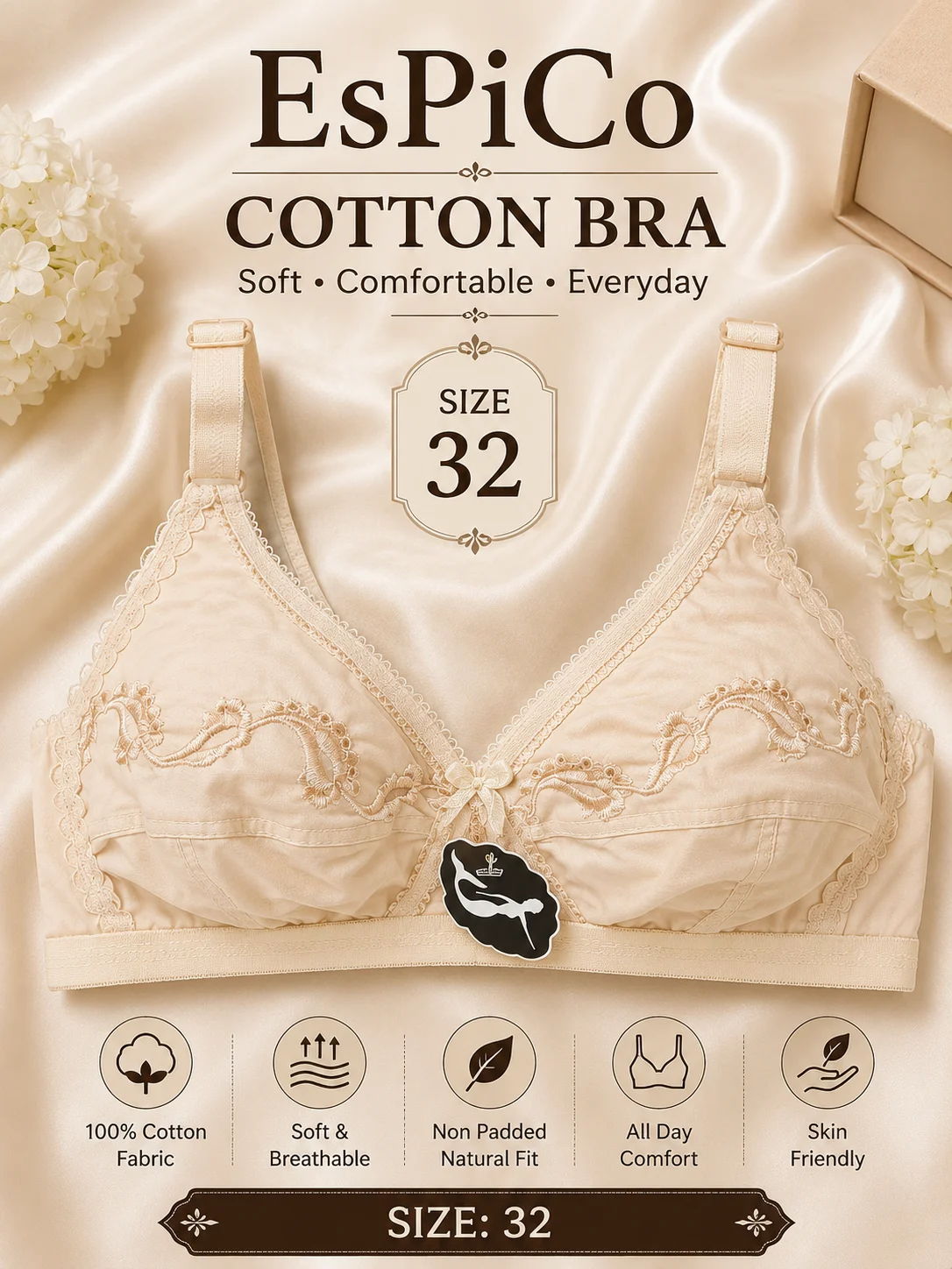 EsPiCo Premium Cotton Bra – Soft, Comfortable & Non-Padded | Available Size 32