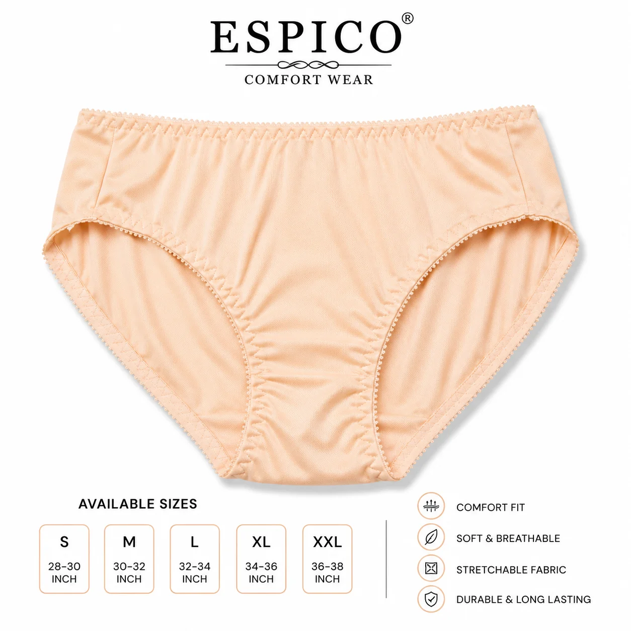ESPICO Comfort Wear Women's Soft Stretch Panty – 2 Colors (Black & Skin) S–XXL