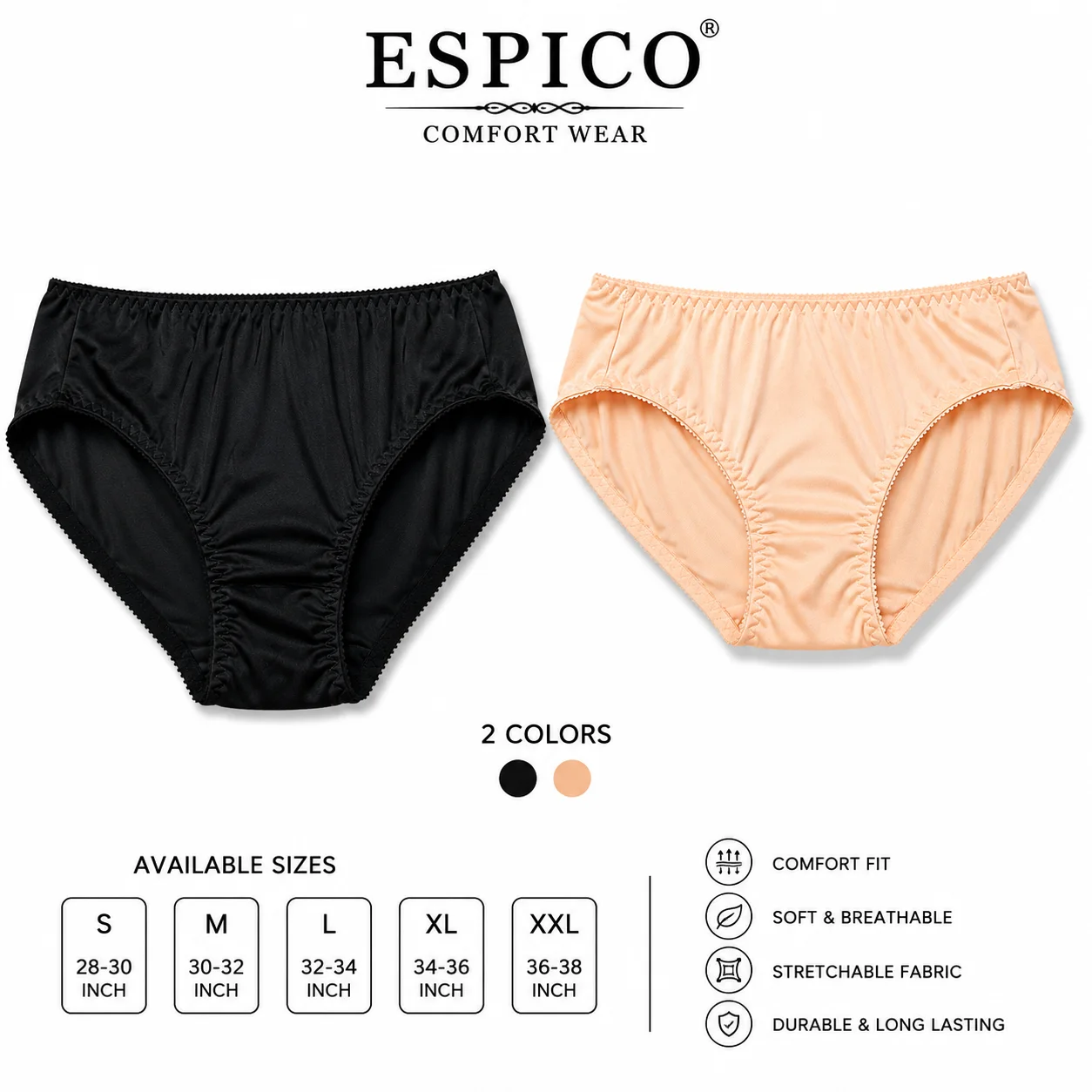 ESPICO Comfort Wear Women's Soft Stretch Panty – 2 Colors (Black & Skin) S–XXL