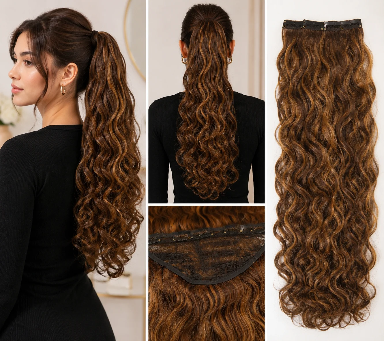 Wavy Clip-In Hair Extension – Medium Golden Brown with Honey & Warm Caramel Highlights