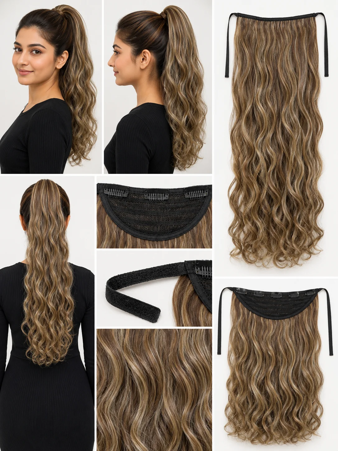 4 Color Wavy Ponytail Hair Extensions Set – Black, Brown Highlight, Light Brown & Dark Brown