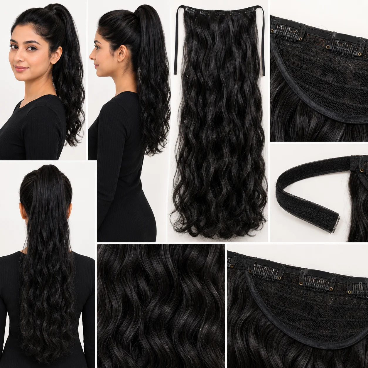 4 Color Wavy Ponytail Hair Extensions Set – Black, Brown Highlight, Light Brown & Dark Brown