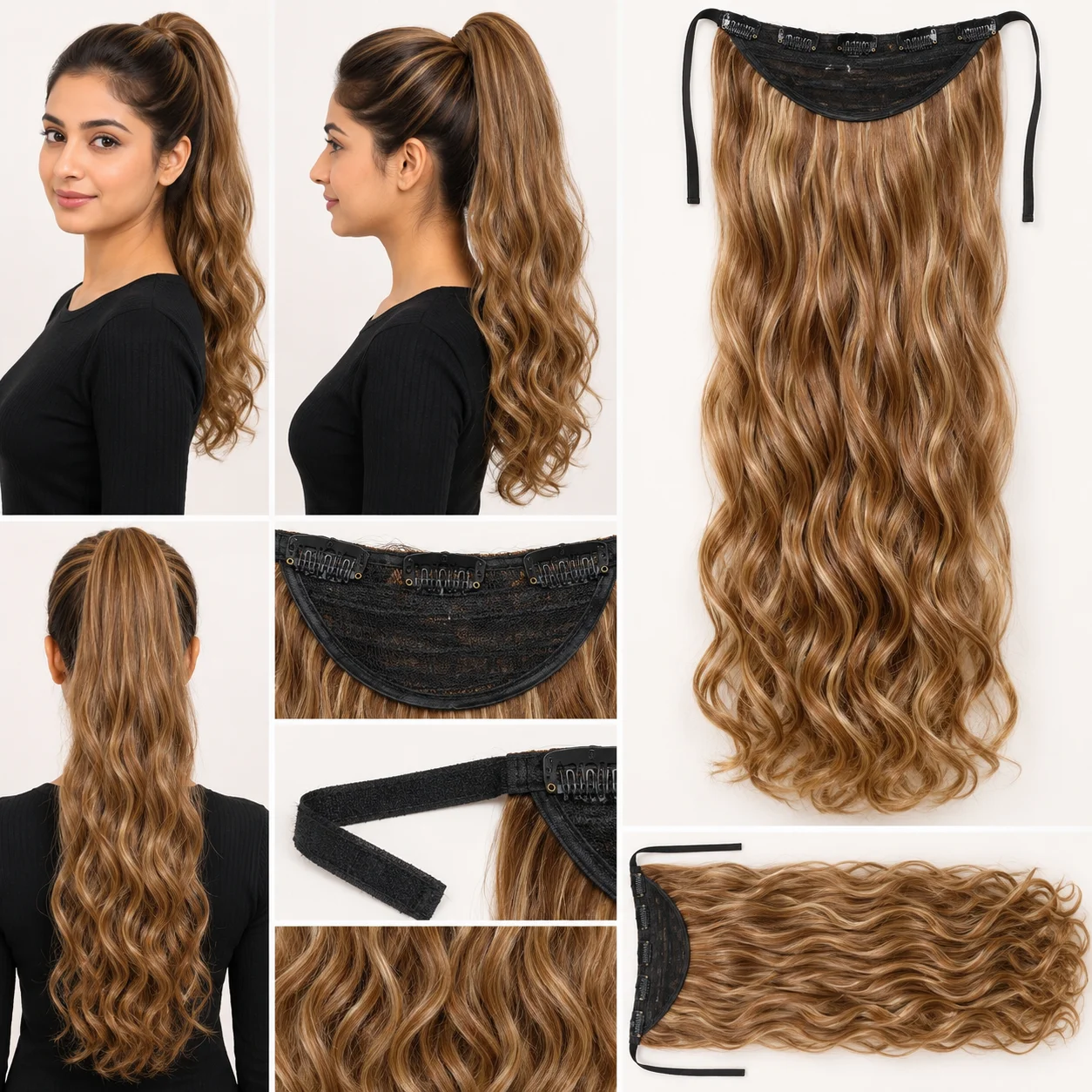 4 Color Wavy Ponytail Hair Extensions Set – Black, Brown Highlight, Light Brown & Dark Brown