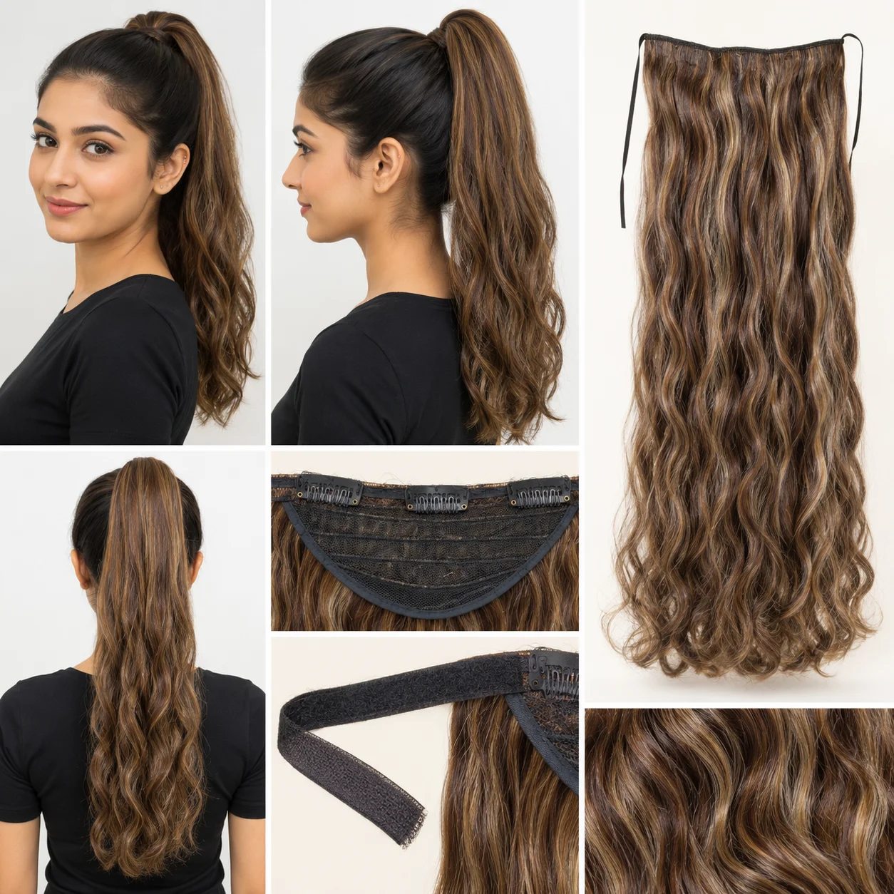 4 Color Wavy Ponytail Hair Extensions Set – Black, Brown Highlight, Light Brown & Dark Brown