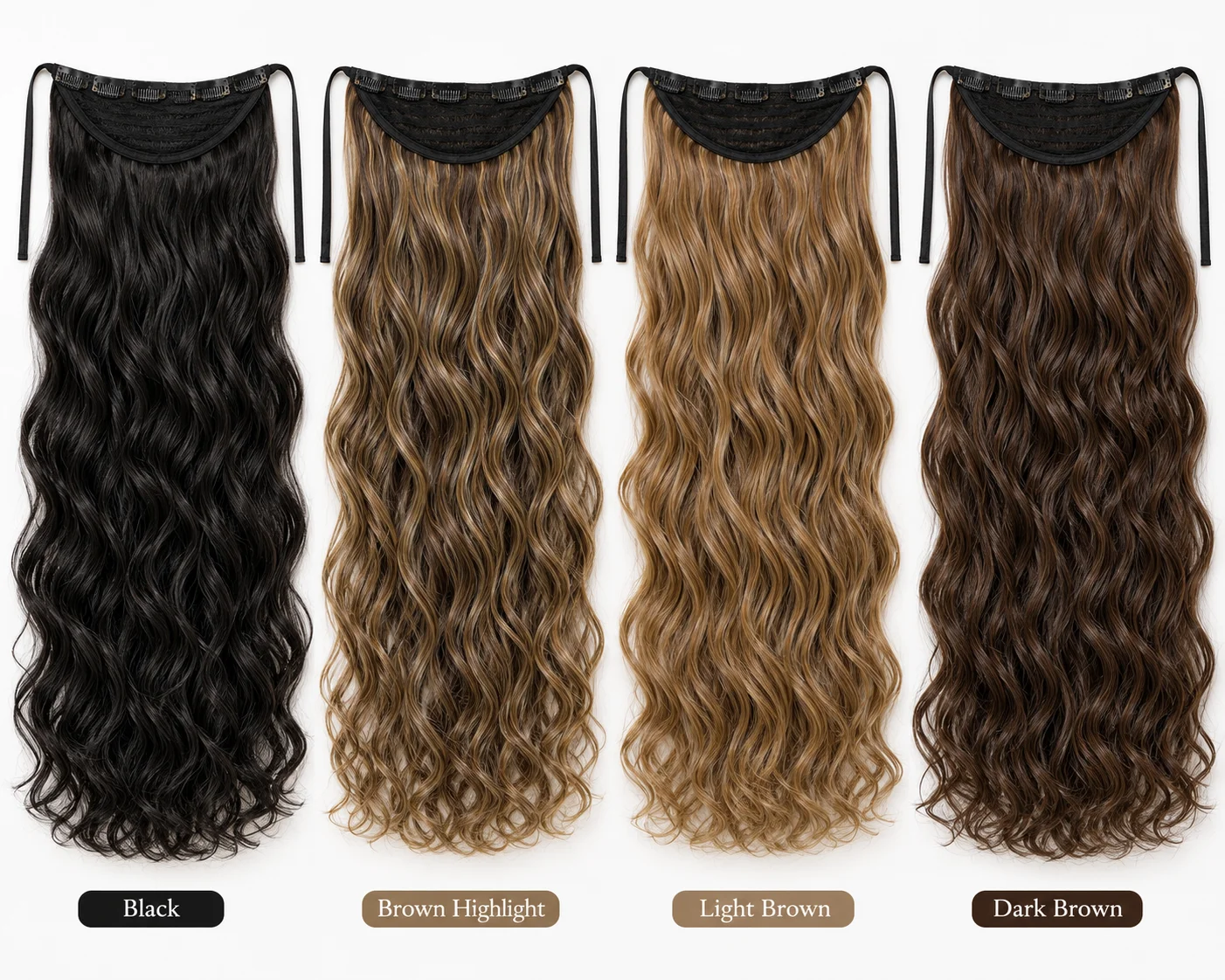 4 Color Wavy Ponytail Hair Extensions Set – Black, Brown Highlight, Light Brown & Dark Brown
