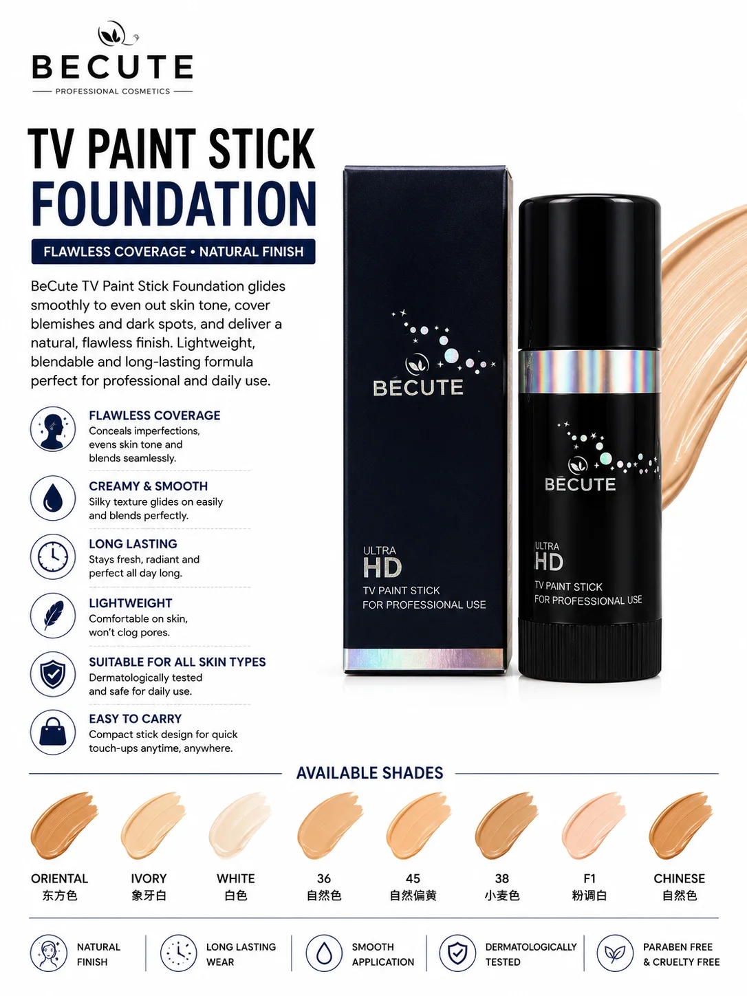 BeCute Ultra HD TV Paint Stick Foundation – Full Coverage Makeup Stick