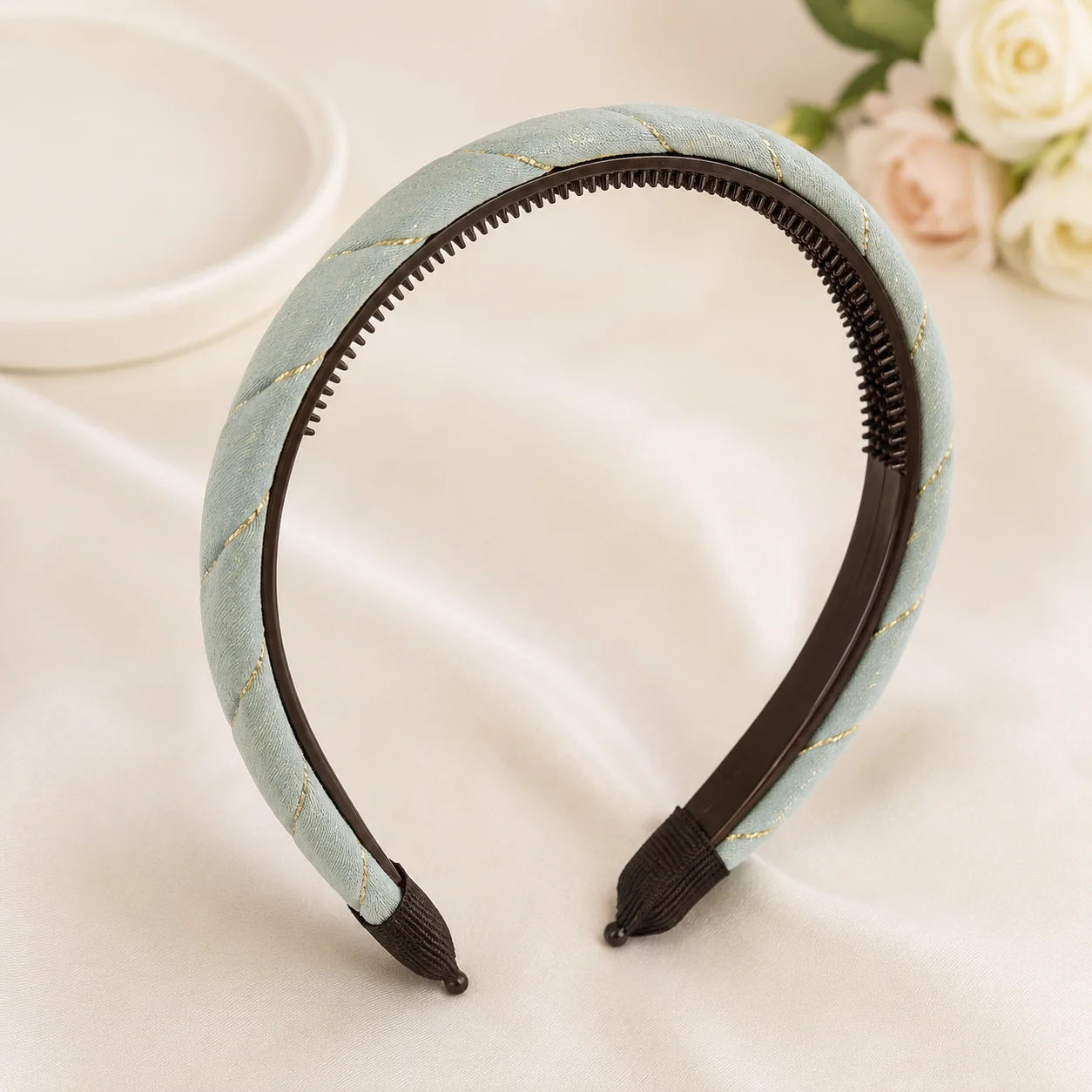Premium Padded Satin Headband – Sky Blue Quilted Hair Band for Women & Girls