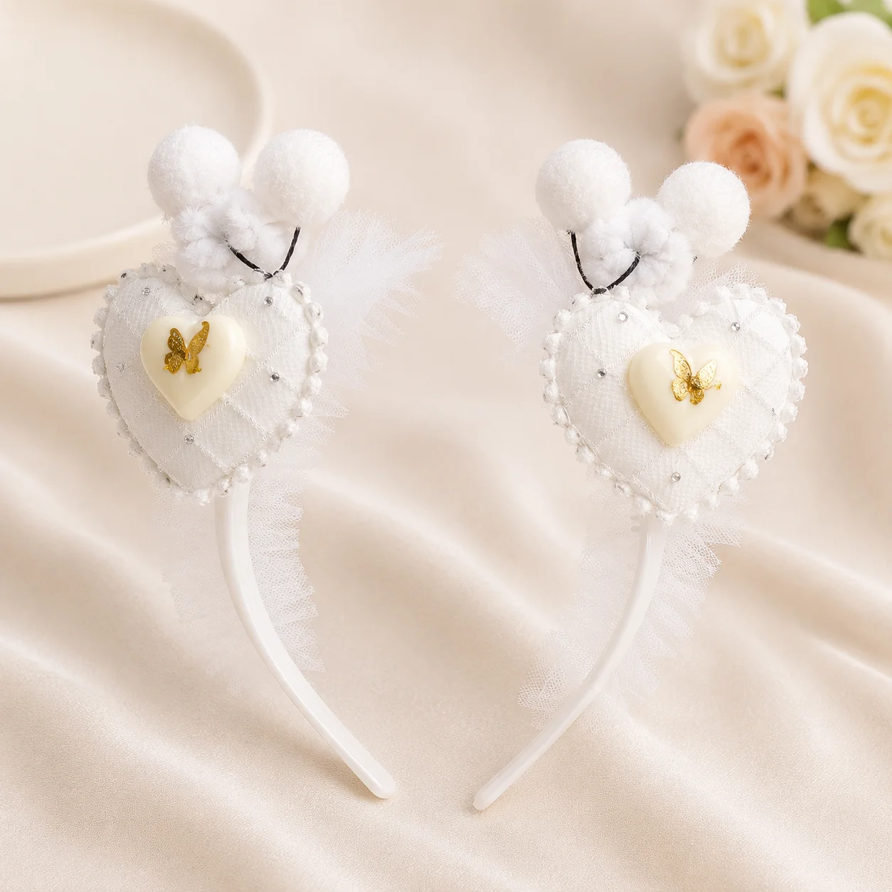 Cute White Heart Pom Pom Headband for Baby Girls – Soft Princess Hair Band