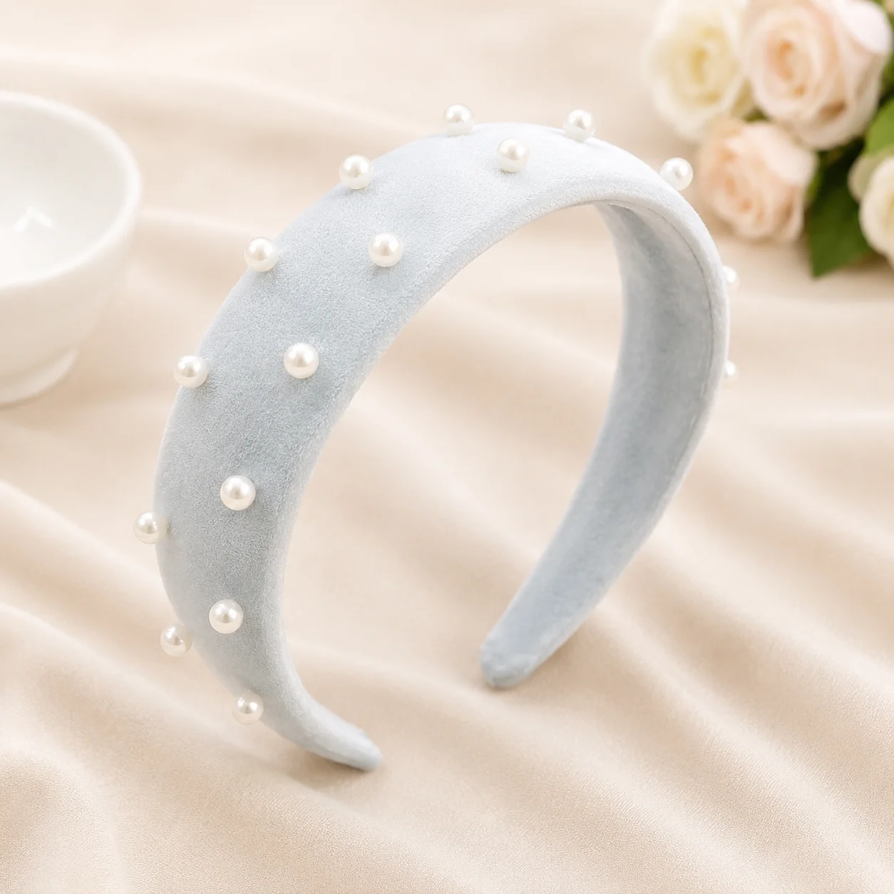 Burgundy Velvet Pearl Padded Hair Band for Girls & Women