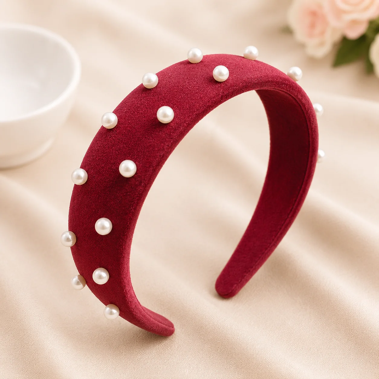 Burgundy Velvet Pearl Padded Hair Band for Girls & Women