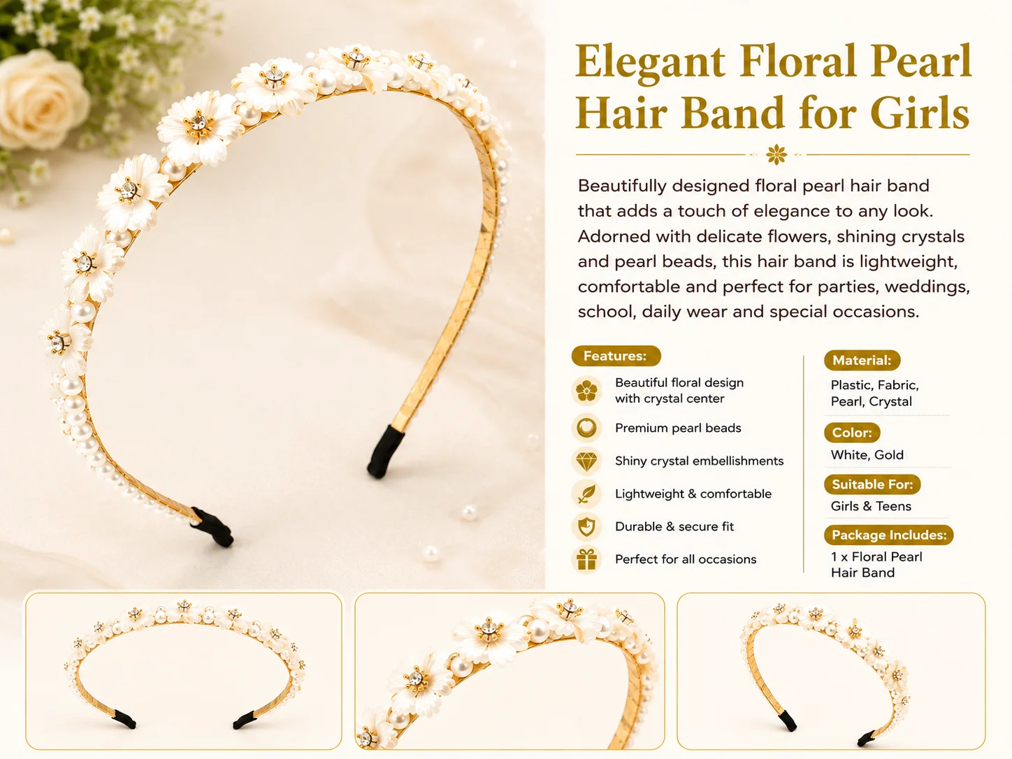 Elegant White Floral Pearl Hair Band for Girls