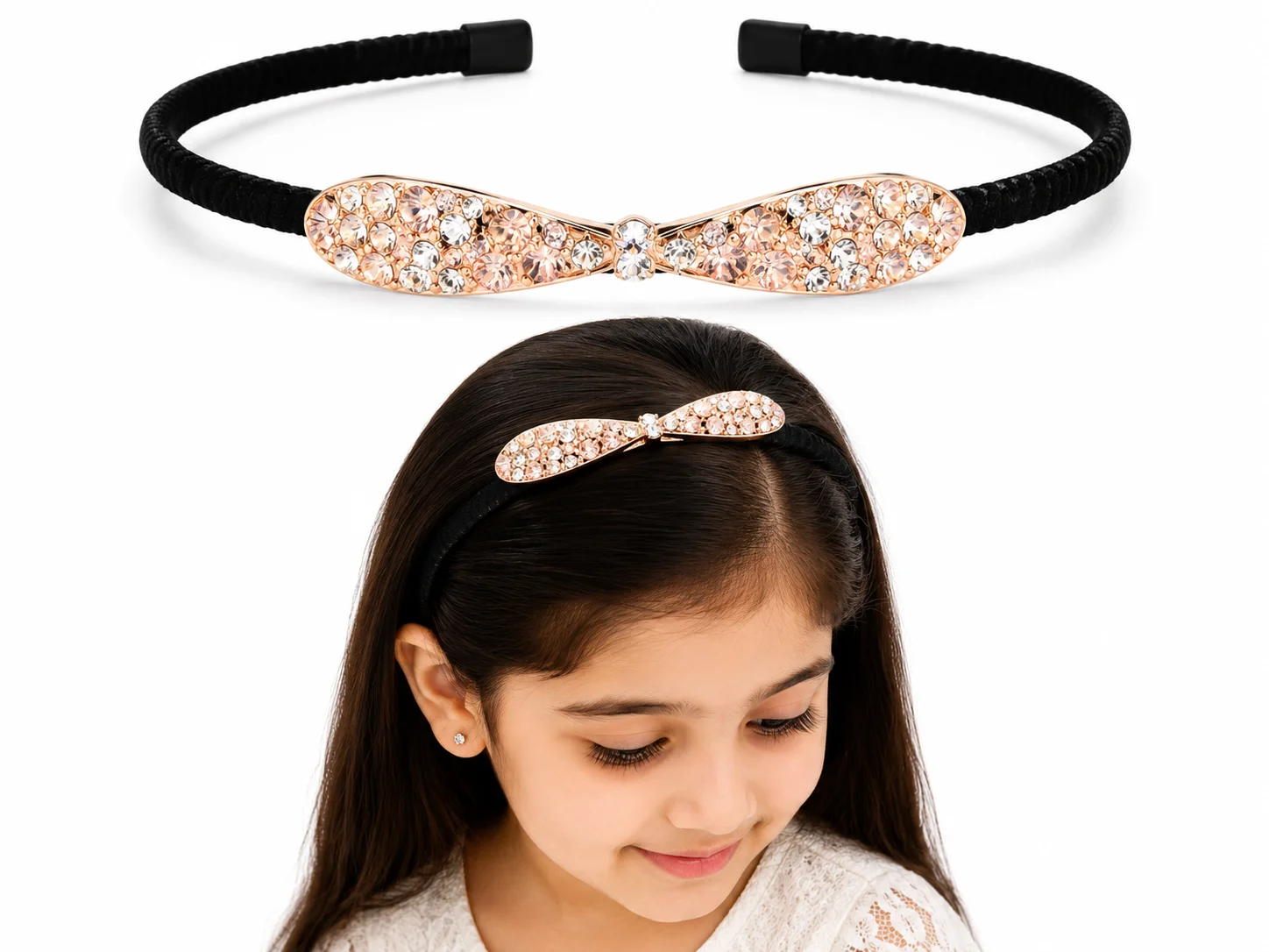 Elegant Black Velvet Rhinestone Bow Hairband for Girls