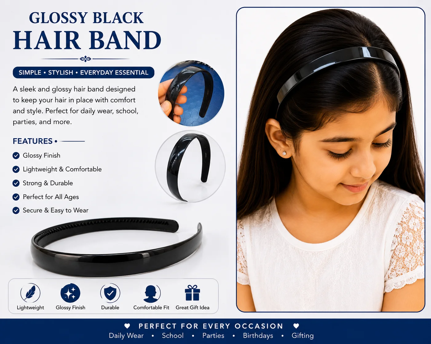 Glossy Black Plastic Hair Band for Women & Girls | Everyday Fashion Headband