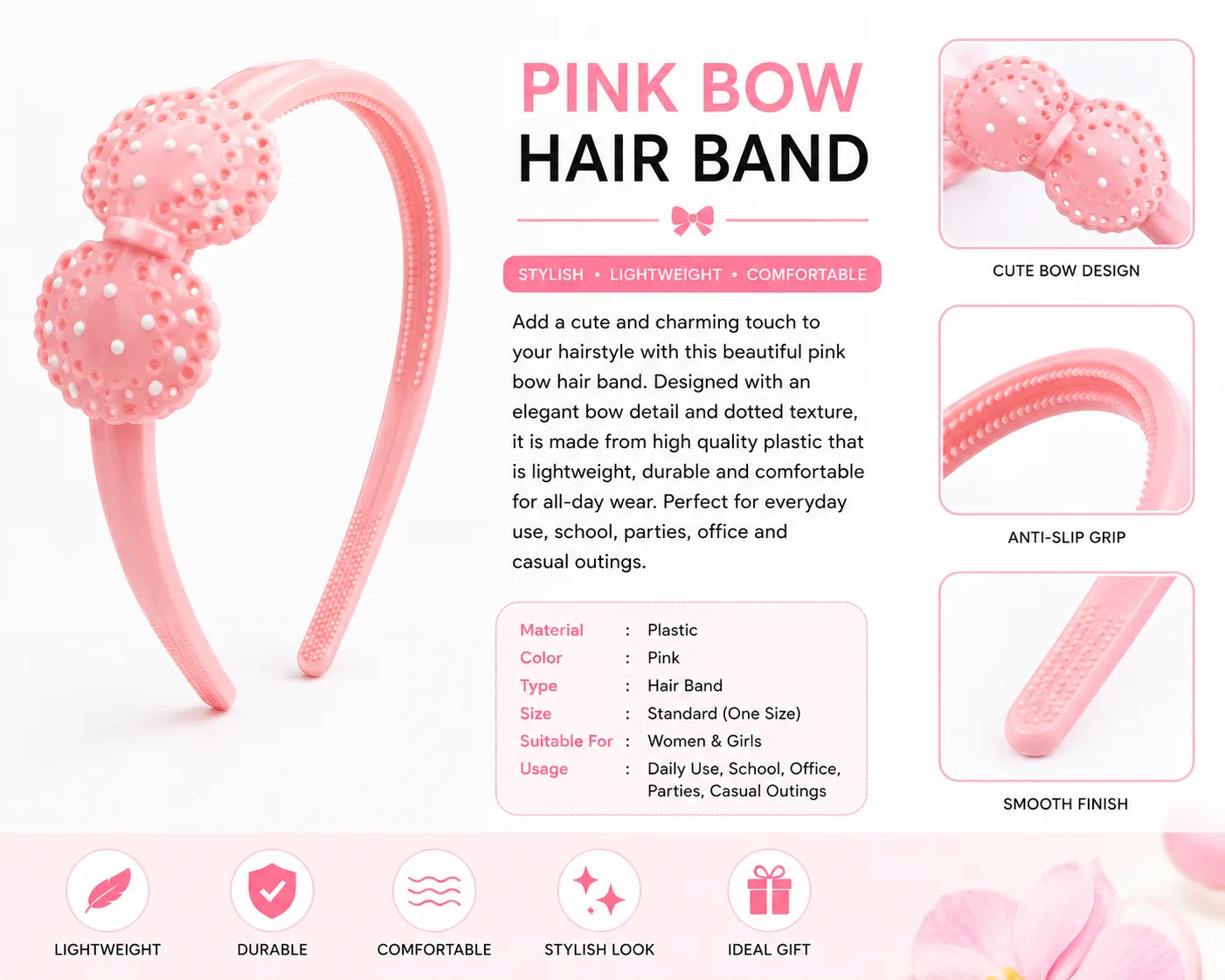 Pink Bow Hair Band for Girls – Cute Plastic Headband with Polka Dot Bow