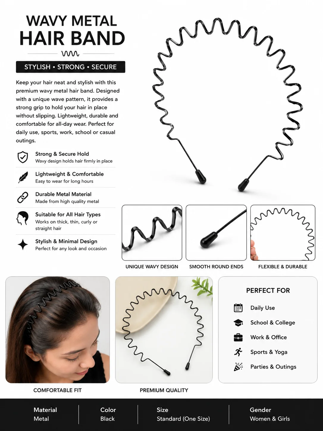 Black Wavy Metal Hair Band for Men & Women – Non-Slip Zigzag Spring Headband