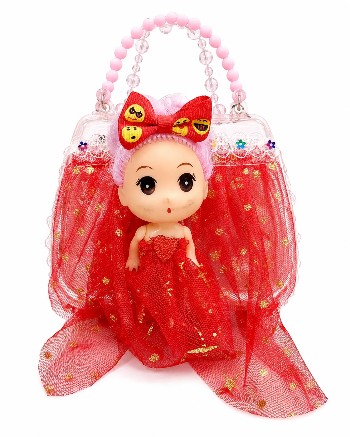 Cute Doll Princess Handbag for Girls – Transparent Kids Party Purse with Beaded Handle