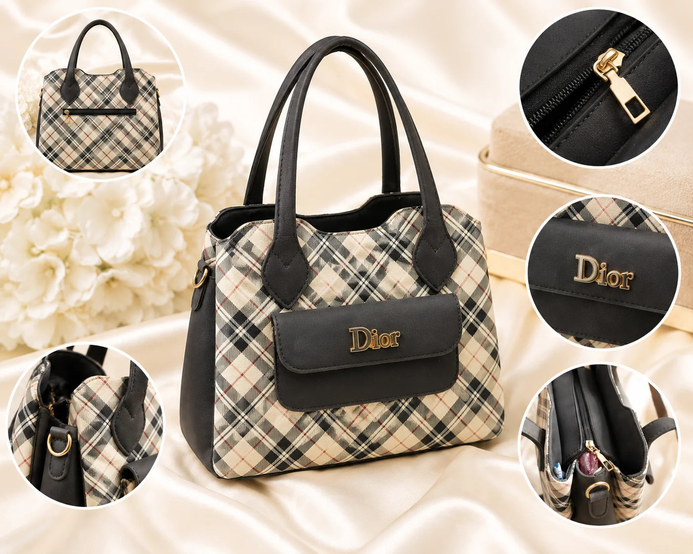 Luxury Black Checkered Tote Handbag for Women