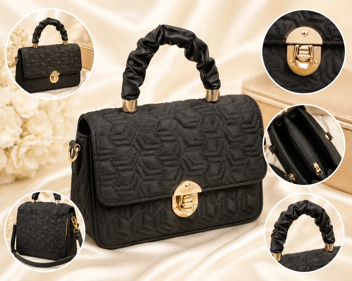 Luxury Black Quilted Top Handle Handbag for Women