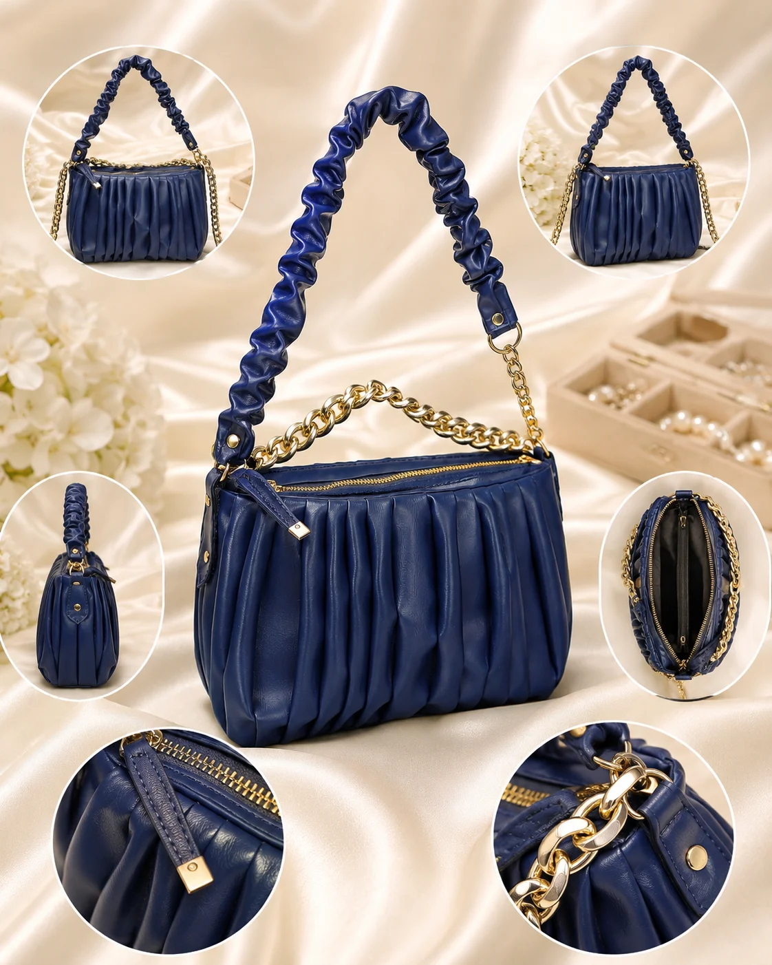 Navy Blue Pleated Shoulder Bag