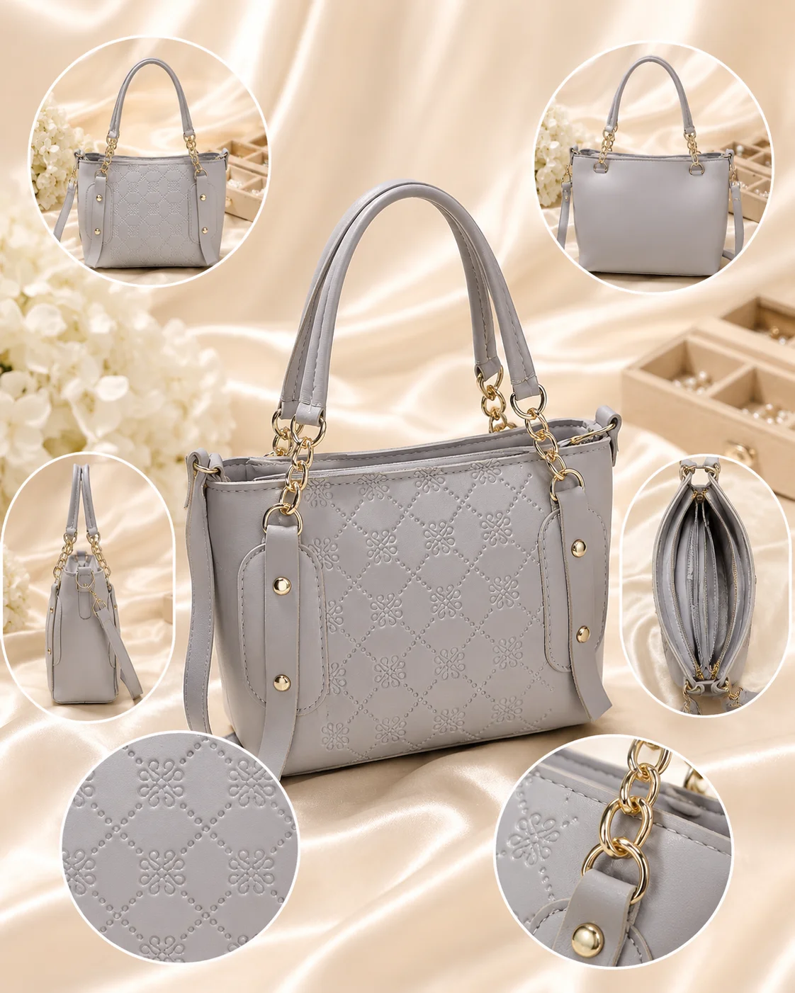Grey Quilted Chain Handle Handbag for Women