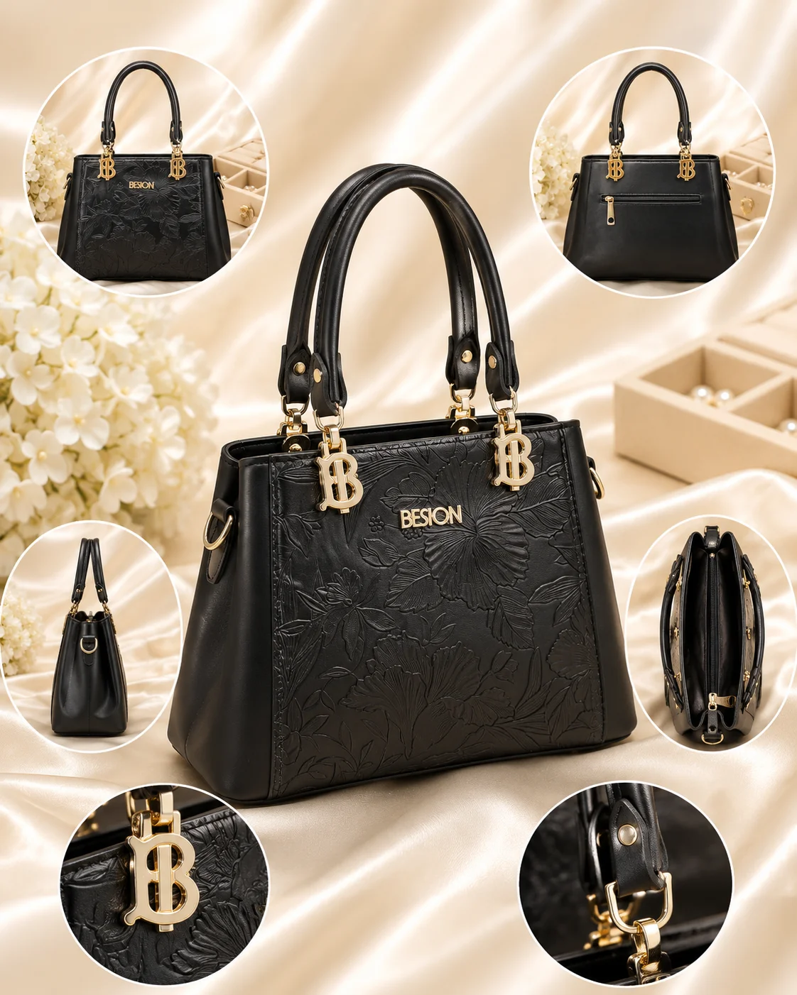 Black Floral Embossed Handbag for Women