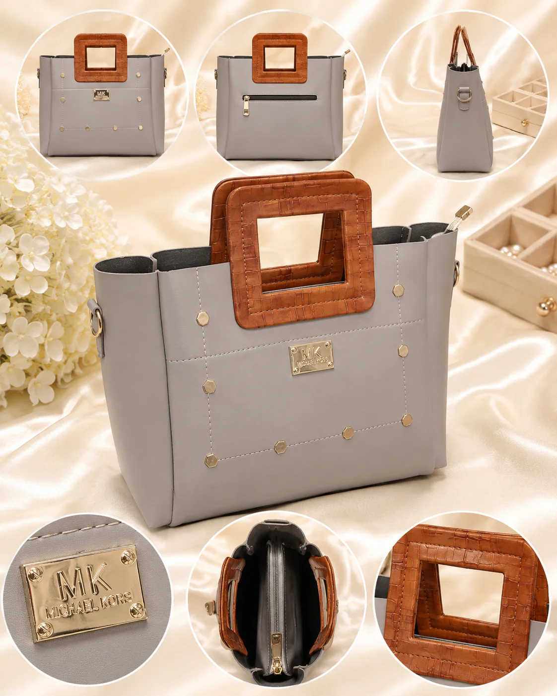 Luxury Grey Tote Handbag with Wooden Handles