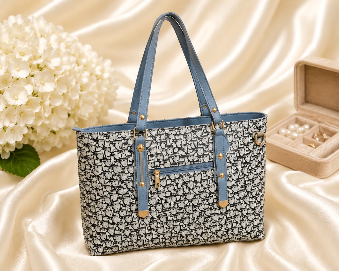 Luxury Blue Monogram Tote Bag Large Capacity Shoulder Handbag