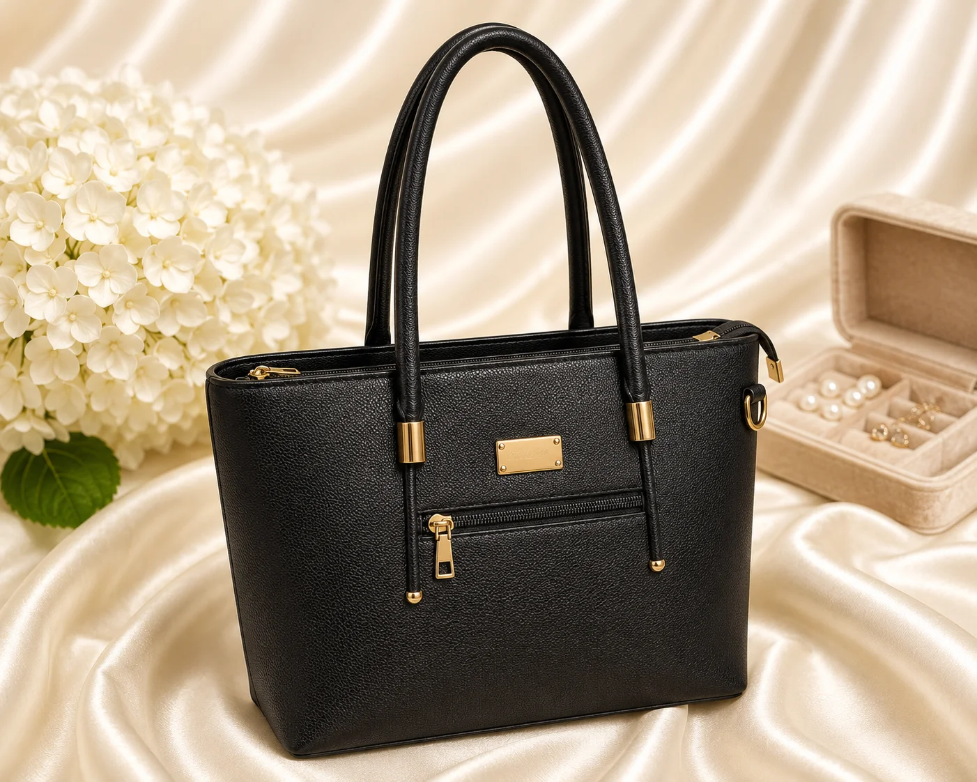 Black Leather Tote Bag for Women