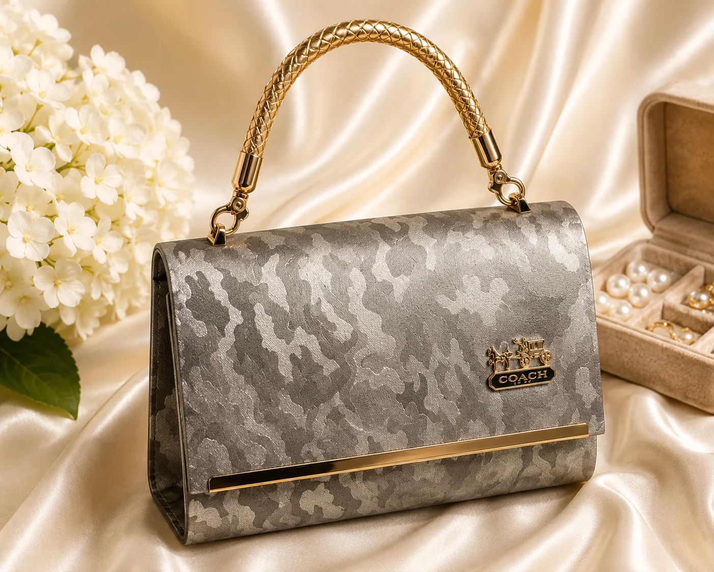 Metallic Grey Camouflage Hand Clutch Bag with Gold Handle