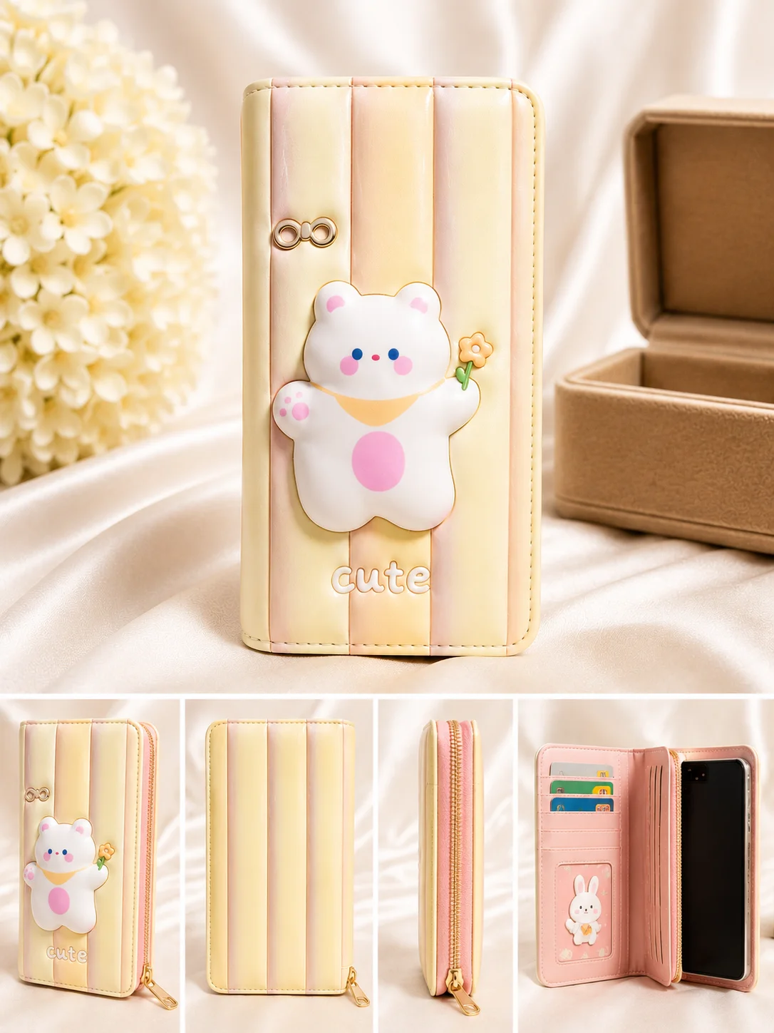 Cute Bear Design Long Zip Wallet