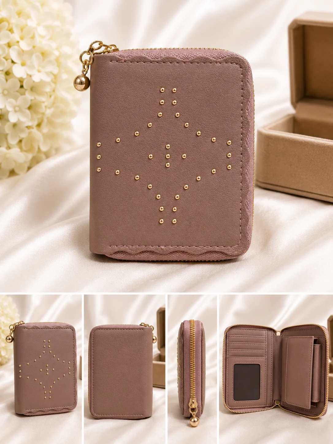Elegant Studded Compact Zip Wallet